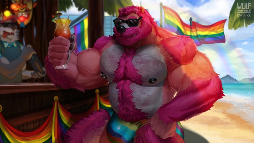 2022 abdominal_hair absurd_res aloha_shirt anthro apron arm_tuft bar bartender beach bear beard beverage biceps black_nipples body_hair bulge canid canine canis chest_hair chest_tuft claws clothed clothing cloud container cup deltoids drinking_glass duo eyewear facial_hair finger_claws fur gay glass glass_container glass_cup hair hairy_arms hairy_legs hairy_male happy_trail hi_res lgbt_pride male male_only mammal mask mountain moustache multicolored_clothing musclegut muscular muscular_anthro muscular_male nipple_piercing nipples outside palm_tree pantsless pattern_clothing pattern_shirt pattern_topwear pawpads piercing pink_body pink_fur pink_hair plant pride_colors rainbow rainbow_clothing rainbow_flag rainbow_pride_flag rainbow_symbol rex_(furrybeefrex) sand sea seaside shirt shirtless signature speedo speedo_only sunglasses sunny swimwear topless topwear trail tree tuft ursine vein veiny_muscles water watermark wave wolf wufrick