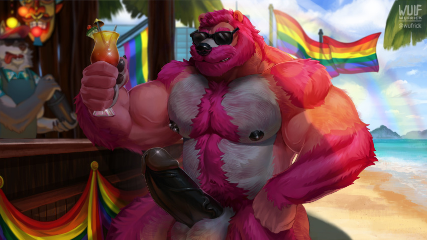 2022 abdominal_hair absurd_res aloha_shirt anthro apron arm_tuft balls bar bartender beach bear beard beverage biceps black_nipples black_penis body_hair canid canine canis chest_hair chest_tuft claws clothed clothing cloud container cup deltoids drinking_glass duo eyewear facial_hair finger_claws fur gay genitals glass glass_container glass_cup hair hairy_arms hairy_legs hairy_male happy_trail hi_res humanoid_genitalia humanoid_penis lgbt_pride male male_only mammal mask mountain moustache musclegut muscular muscular_anthro muscular_male nipple_piercing nipples nude outside palm_tree pantsless pattern_clothing pattern_shirt pattern_topwear pawpads penis piercing pink_body pink_fur pink_hair plant pride_colors rainbow rainbow_flag rainbow_pride_flag rainbow_symbol rex_(furrybeefrex) sand sea seaside shirt shirtless signature speedo speedo_only sunglasses sunny swimwear topless topwear trail tree tuft ursine vein veiny_muscles veiny_penis water watermark wave wolf wufrick