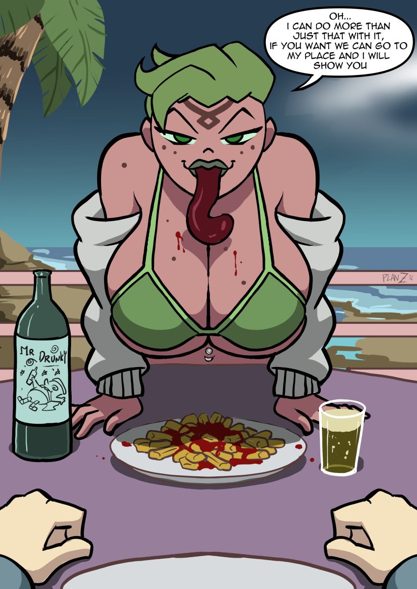 alcohol alien alien_girl attea bare_shoulders beach belly_button_piercing ben_10 ben_10_omniverse big_breasts big_lips bra breasts cartoon_network comic_page dialogue english english_text female food freckles french_fries full_lips green_eyes green_hair huge_breasts human_disguise incursean jacket ketchup large_breasts light-skinned_female light_skin long_tongue looking_at_viewer male partial_male planz34 raised_eyebrow short_hair speech_bubble standing top_heavy