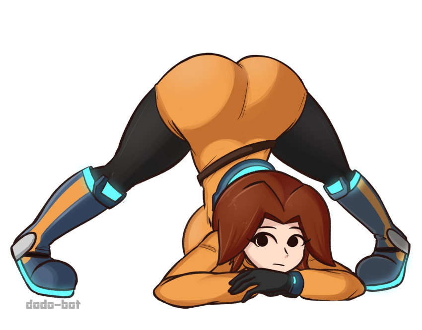 1girls ass black_gloves brown_hair clothed clothing dodo-bot female female_only gloves jack-o_pose mii mii_gunner mii_gunner_(smash_4) mob_face nintendo solo super_smash_bros. tagme white_background