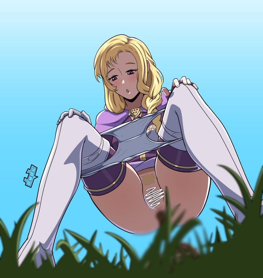 1girls blonde_hair boots censored dude-doodle-do female female_only female_pubic_hair fire_emblem fire_emblem:_the_blazing_blade from_below hair_over_shoulder looking_down louise_(fire_emblem) nintendo open_mouth panties panties_down pubic_hair purple_eyes pussy scat shitting side_ponytail solo squatting thigh_boots thighhighs underwear white_panties