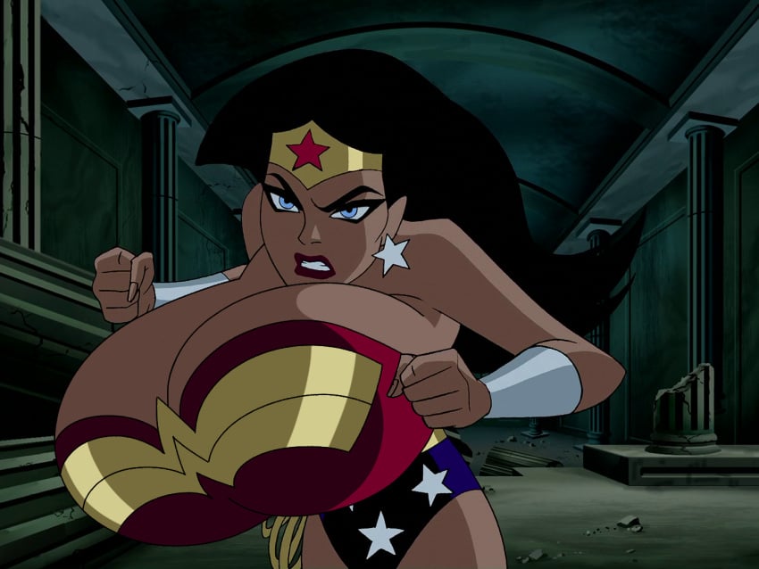 1girls accurate_art_style alternate_breast_size amazonian big_breasts black_hair blue_eyes breast_expansion bursting_breasts cartoon_network cleavage dc dc_comics dcau earrings edit female female_only huge_breasts justice_league justice_league_unlimited large_breasts lipstick long_hair screenshot screenshot_edit solo star_earrings superheroine top_heavy warner_brothers wonder_woman wonder_woman_(series) woot