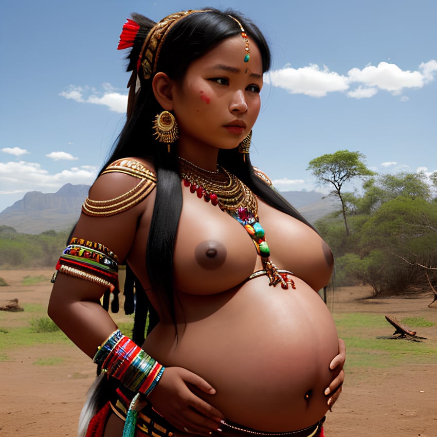 ai_generated big_belly black_hair breasts dark-skinned_female dark_areola dark_nipples dark_skin ear_piercing earrings female female_only hand_on_belly jewelry nude nude_female pregnant pregnant_belly primitive tagme tribal