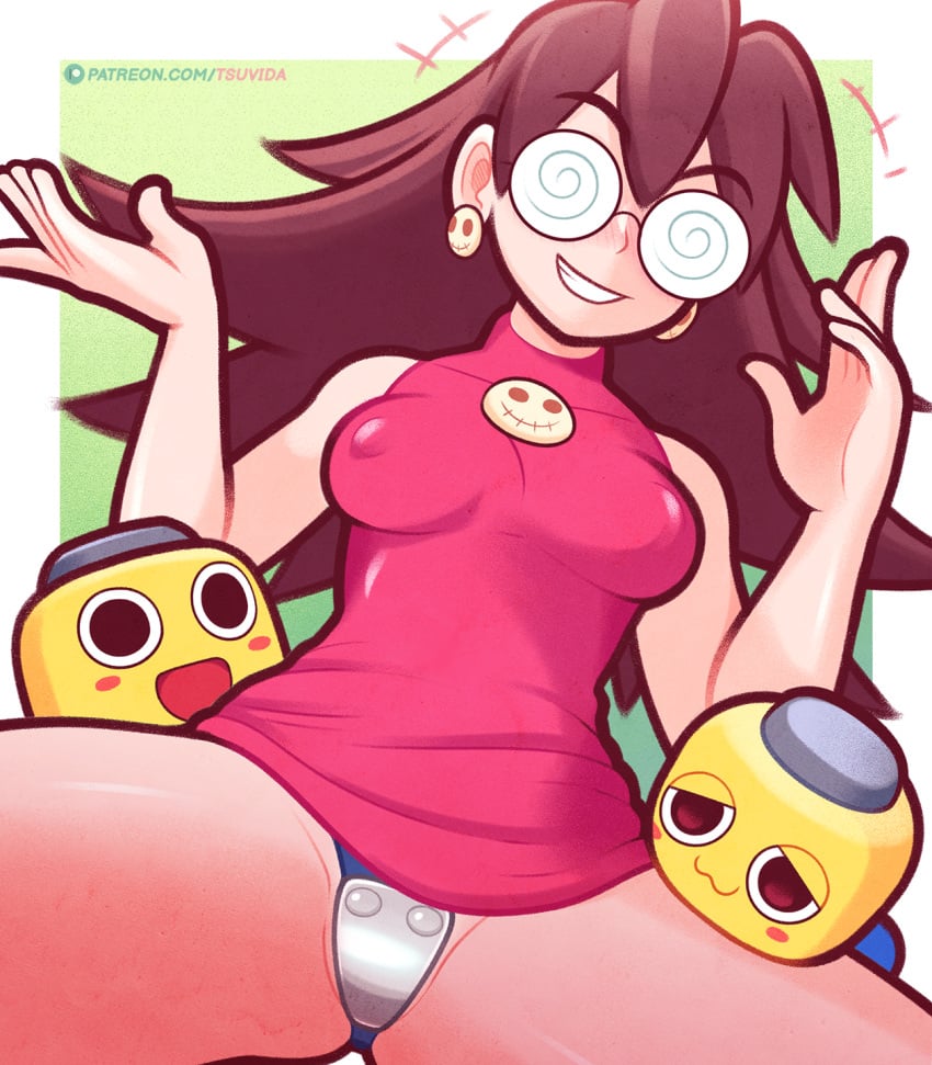 breasts brown_hair glasses grin mega_man mega_man_legends nipple_bulge nipples smile tron_bonne tsuvida