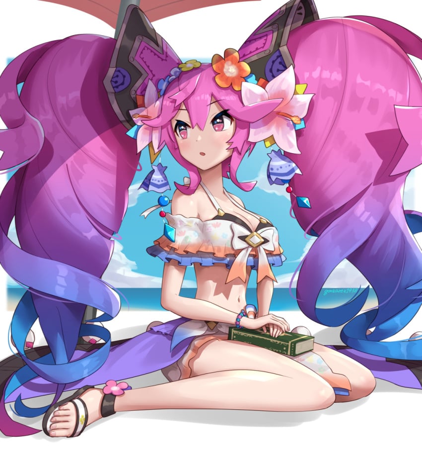 1girls beach beach_umbrella bunny_ears bunny_girl cleavage cleo cleo_(dragalia_lost) clothed_female cygames dragalia_lost female female_only flower_in_hair gonzarez gradient_hair large_breasts nintendo pink_hair rabbit_ears rabbit_girl sitting summer swimsuit swimwear twintails two-piece_swimsuit