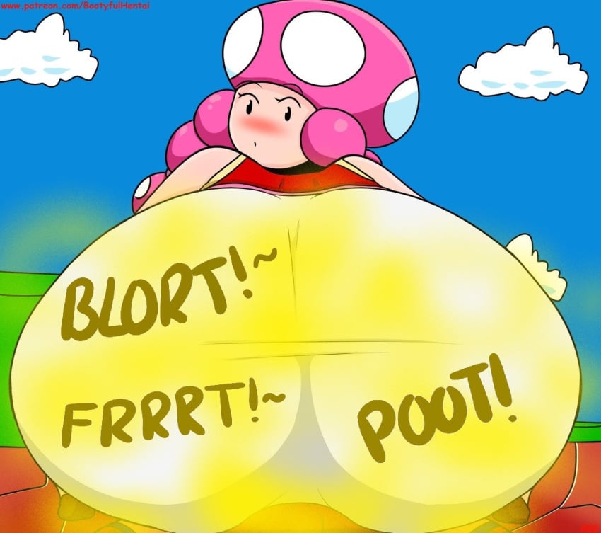 ass ass_grab big_butt blaze_(artist) bxblazexd cute enormous_butt fart fart_cloud fart_fetish farting farting_at_viewer farting_on_lap fully_clothed looking_back mario_(series) nintendo outdoors poot super_mario_bros. super_mario_bros._(nes) toadette yoshizilla