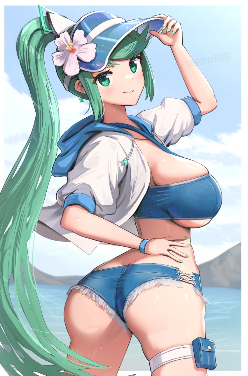 1girls ass bangs booty_shorts breasts dat_ass female gonzarez green_eyes green_hair huge_ass huge_breasts large_breasts long_hair nintendo pneuma_(xenoblade) ponytail short_shorts shorts smile swept_bangs swimsuit xenoblade_(series) xenoblade_chronicles_2