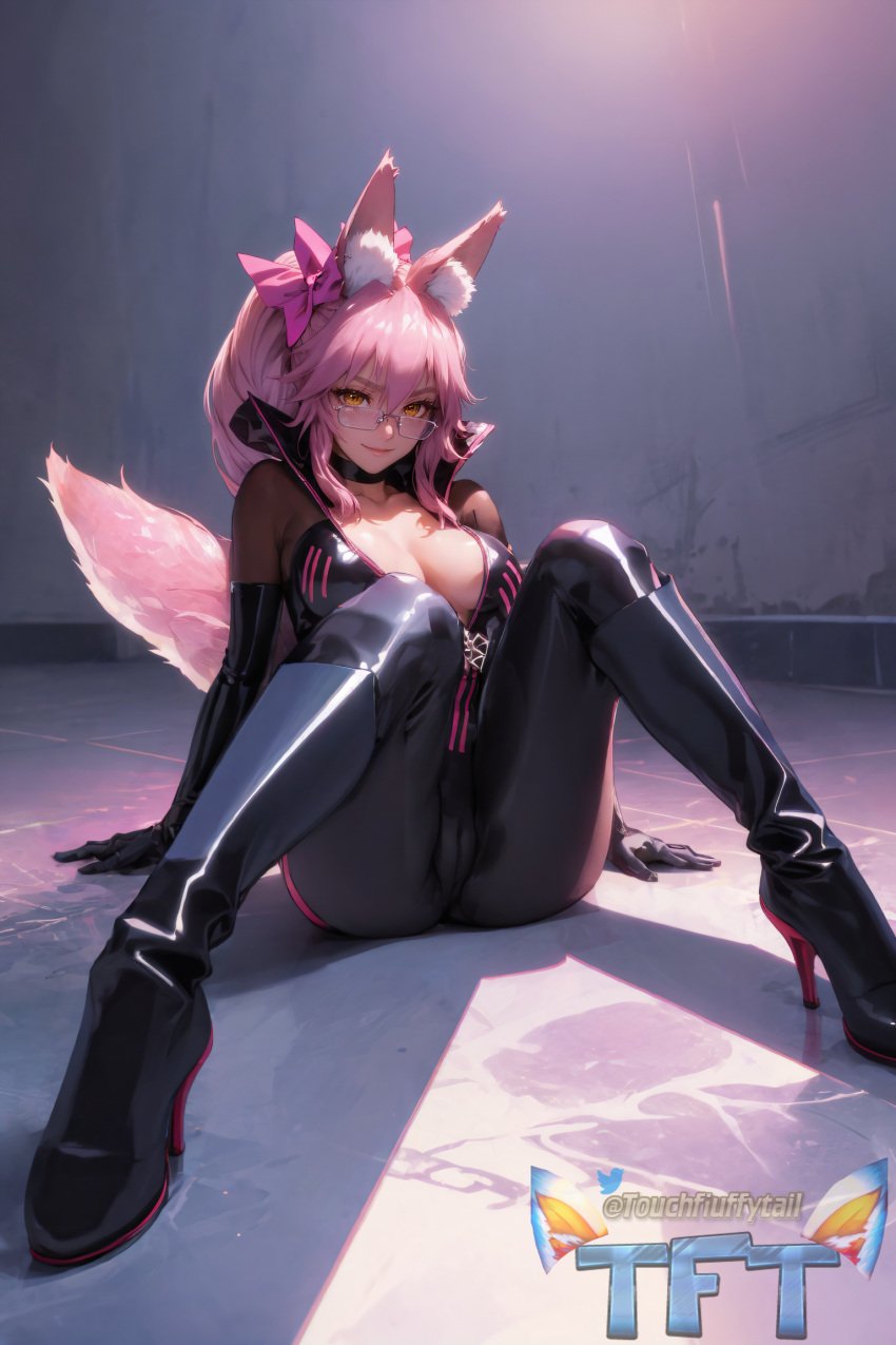 1girls ai_generated animal_ears bodysuit choker fangs fate/grand_order fate_(series) female fox_ears fox_girl fox_humanoid fox_tail fringe glasses high_heel_boots high_heels koyanskaya koyanskaya_(assassin) koyanskaya_(assassin_first_ascension) koyanskaya_(fate) latex light-skinned_female looking_at_viewer naughty_face pale-skinned_female petite pink_hair ponytail presenting_pussy seductive_eyes seductive_look seductive_smile slim spread_legs tamamo_nine teenager touchfluffytails yellow_eyes