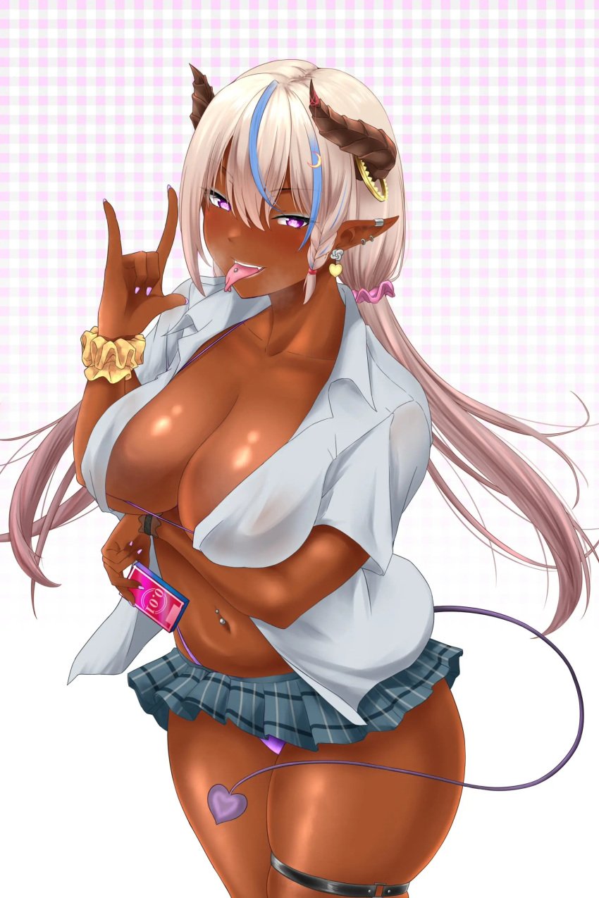 1girls big_breasts blue_streak blush clavicle demon_girl demon_horns demon_tail ear_piercing earrings eyeliner fangs female female_only forked_tongue hair_streak heart-shaped_pupils hips holding_object horn_ring horns jewelry large_breasts leg_strap legs lipstick long_hair looking_at_viewer makeup miniskirt nail_polish navel open_mouth original pink_lipstick plaid_skirt purple_bra purple_eyes purple_lingerie purple_nail_polish purple_nails purple_panties purple_thong scrunchie shiny_hair shiny_skin simple_background solo string_bra succubus succubus_horns succubus_tail tail thighs thong tongue_out tongue_piercing white_hair white_shirt