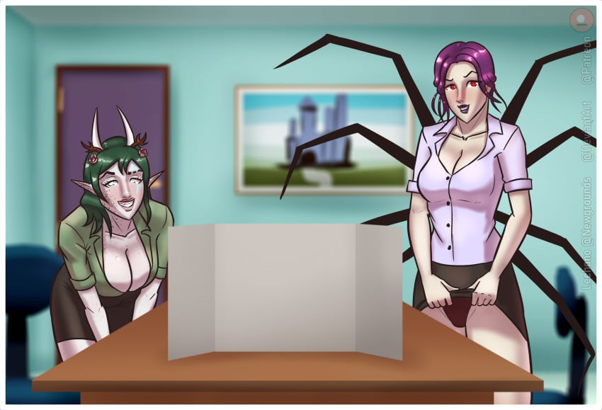 2girls devil_horns down_blouse flashing lechono office_lady prin_the_predator purple_panties spider_girl spider_legs upskirt