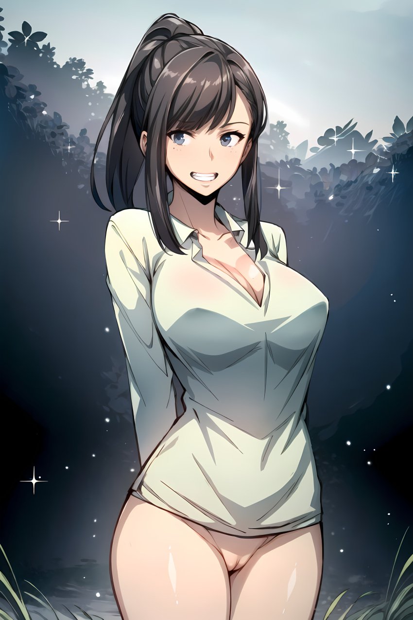 1girls ai_generated arms_behind_back black_hair bottomless breasts cleavage edosynf female female_only grin highres korean_female large_breasts looking_at_viewer outdoors ponytail pussy shirt smile solo solo_female solo_leveling sung_jin-ah uncensored