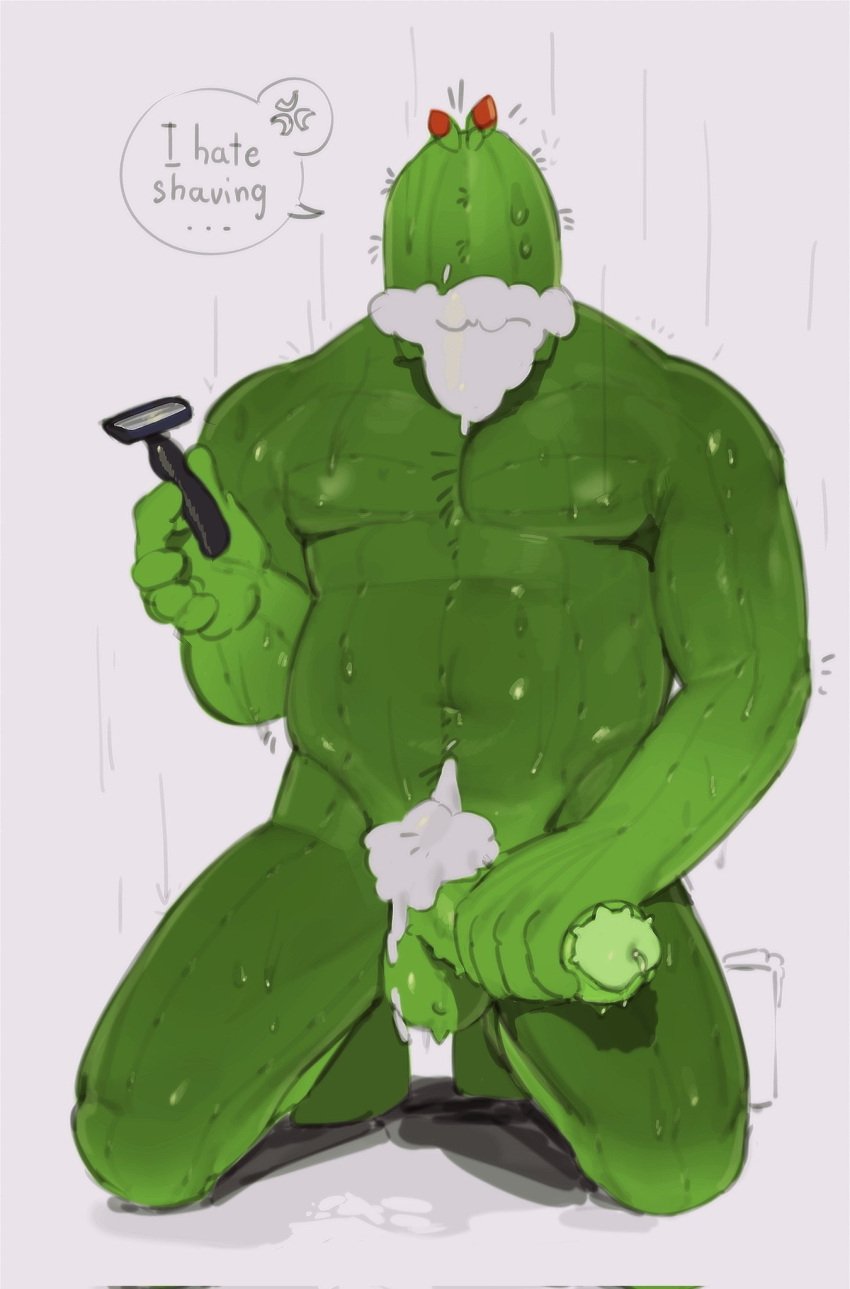 anthro anthrofied belly cactus chubby color completely_nude elemental_creature erect_penis erection green_body kneeling kogito male_only muscular muscular_male nude pecs pectorals plant plantie precum shaving shaving_cream shower showering simple_background solo solo_focus speech_bubble spiked_penis