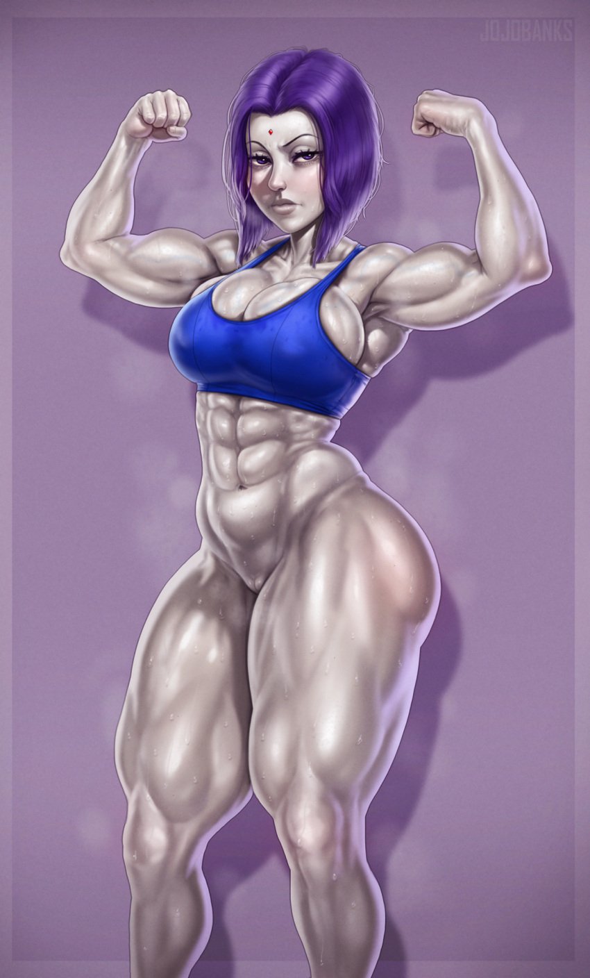 1girls angry angry_face armpits big_ass big_breasts big_hips big_thighs dc dc_comics dcau female female_only flexing flexing_bicep flexing_both_biceps jojobanks looking_at_viewer muscle_girl muscles muscular muscular_female muscular_thighs pale_skin purple_eyes purple_hair rachel_roth raven_(dc) shaved_pussy short_hair solo steam steaming_body sweat sweating teen_titans thick_thighs