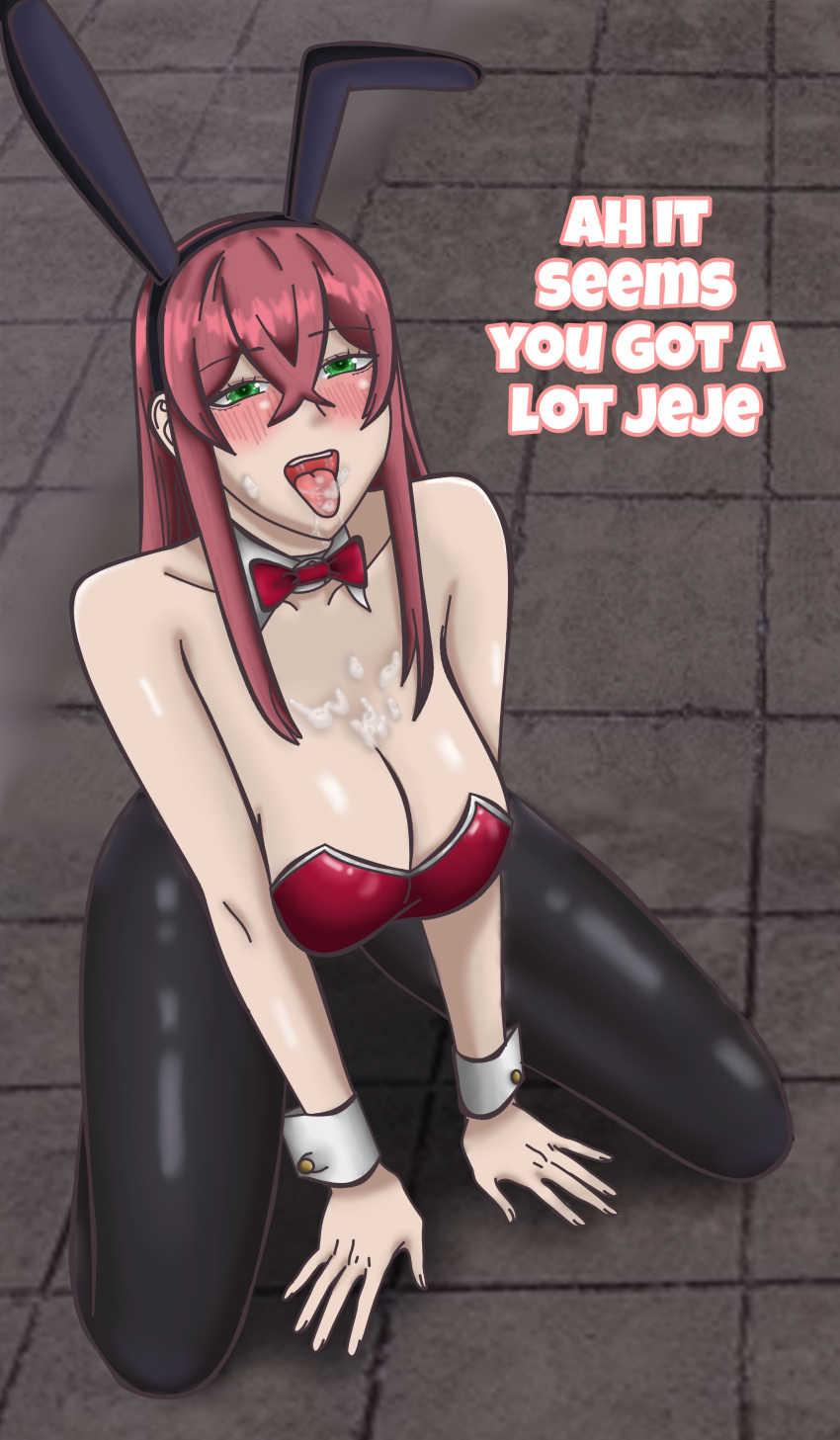 1girls black_clover blush bunny_costume bunny_ears bunnysuit cum cum_in_mouth cum_on_body cum_on_breasts cum_on_face excited female female_only green_eyes kneeling on_knees post_blowjob princia_funnybunny red_bunnysuit red_hair sondrykle tongue tongue_out