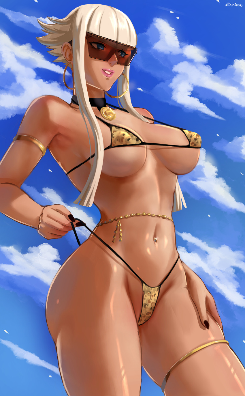 1girls animal_print animal_print_bikini armlet belly_chain bikini bikini_pull blonde_hair blue_eyes breasts brown-tinted_eyewear choker earrings gyaru halterneck hand_on_own_thigh hoop_earrings jewelry manon_legrand medal micro_bikini navel navel_piercing nipple_bulge official_alternate_hair_color outdoors outside perky_breasts piercing short_hair_with_long_locks sidelocks skindentation solo strap_pull street_fighter street_fighter_6 sunglasses tan_body tan_skin thighlet thin_waist thong tinted_eyewear ultrabinou waist_chain