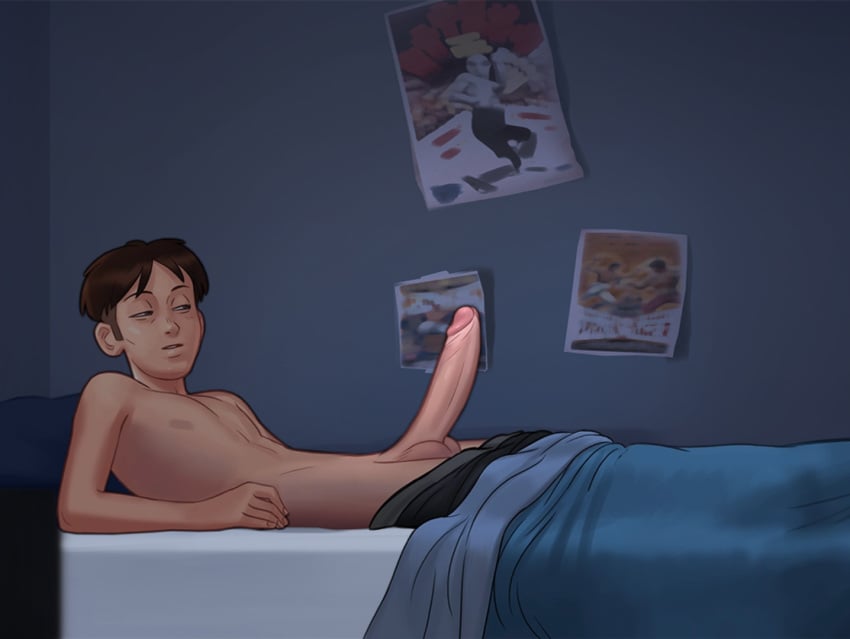 1boy 1girls 2d arms_behind_back balls bed bed_sheet bedroom big_penis blanket blanket_grab bottomwear boxers boxers_down brown_hair closed_eyes clothing darkcookie debbie_(summertime_saga) detailed_background digital_drawing_(artwork) digital_media_(artwork) door erect_penis erection half-dressed hand_on_head laying laying_down laying_on_bed main_character_(summertime_saga) male male/female on_back on_bed open_door penis penis_out room sleeping solo solo_focus standing summertime_saga topless underwear waking_up