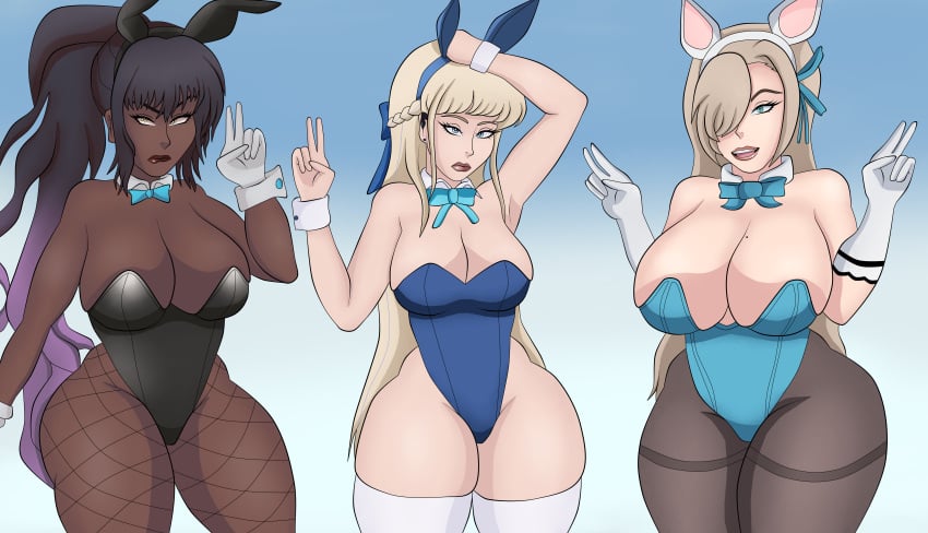 3girls asuna_(blue_archive) asuna_(bunny)_(blue_archive) big_breasts black_hair blonde_hair blue_archive blueartfiend breasts bunny_ears bunnysuit dark-skinned_female fishnets karin_(blue_archive) karin_(bunny)_(blue_archive) large_breasts millennium_science_school_student multiple_girls stockings thick_thighs thighhighs thighs toki_(blue_archive) toki_(bunny)_(blue_archive)