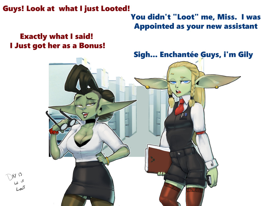 2girls darkminou dialogue english_text female female_only gily_(darkminou) gnarby_(darkminou) goblin goblin_female gretchin office_lady shortstack tagme text warhammer_(franchise) warhammer_40k