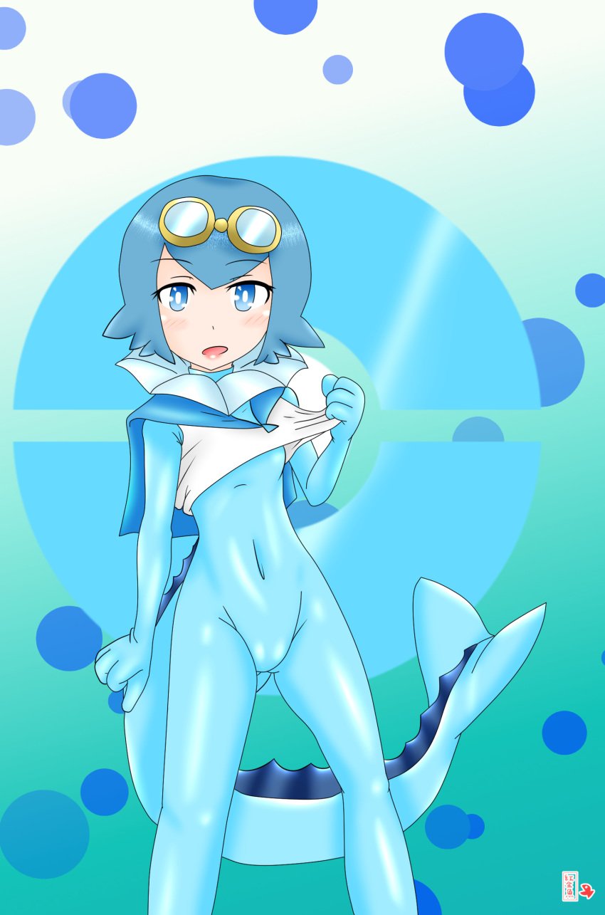 1girls 2020s 2023 4_fingers alternate_costume artist_logo blue_bodysuit blue_clothing blue_eyes blue_hair blue_theme blush bodysuit cameltoe chinese_text clothing cosplay eyes female female_focus female_only game_freak glasses hair hi_res holding_clothing hongjinyu human human_only jpeg lana_(pokemon) looking_at_viewer navel_line nintendo open_eyes open_mouth pokemon pokemon_(cosplay) pokemon_sm pokesuit pussy_bulge rubber rubber_clothing rubber_suit shiny_clothes shirt solo standing tail text tight_clothing vaporeon vaporeon_(cosplay)