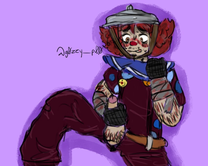 artist_signature bandages belt blood brown_belt brown_eyes clown fully_clothed gloves hair hairy_balls hecr0 jerking_off male_only masturbation messy_linework pink_tip purple_background red_hair red_pubes roblox robloxian sweating trash_can