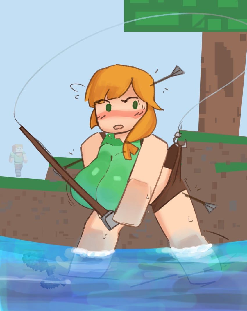 alex_(minecraft) big_breasts booty_shorts breast_jiggle fishing hanging_breasts huge_breasts minecraft orange_hair partially_submerged red_hair xyakiwi