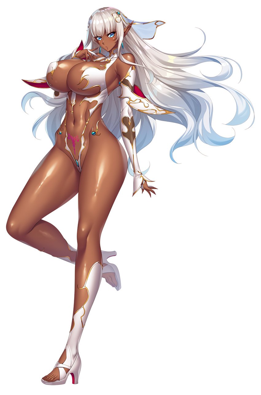 absurdres aoi_nagisa_(metalder) armor ass bare_legs bare_shoulders blue_eyes blush breasts cleavage curvy dark-skinned_female dark_elf dark_skin eleonor_(taimanin_rpgx) elf female fingerless_gloves full_body gloves green_eyes highleg highleg_leotard highres huge_breasts jumping leotard lilith-soft long_hair official_art pointy_ears pubic_tattoo revealing_clothes see-through see-through_leotard shiny_skin smile taimanin_(series) taimanin_rpgx tattoo thong_leotard very_long_hair white_hair white_leotard wide_hips