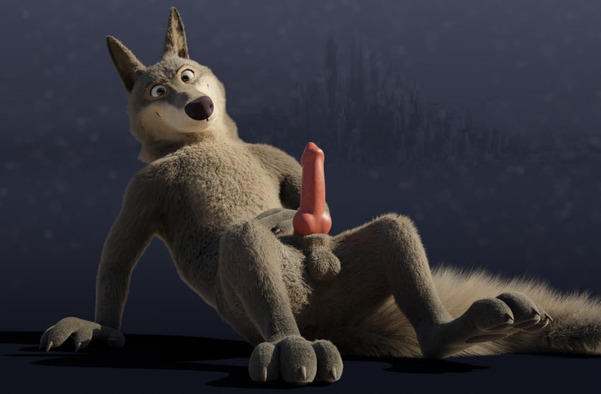 3d_(artwork) animal_genitalia animal_penis anthro anus balls black_nose blender_(software) canid canine canine_genitalia canine_penis canis claws digital_media_(artwork) disney ears_up erection fluffy fluffy_tail fur furry_balls genitals grey_body grey_fur hand_on_stomach knot looking_at_viewer lying male mammal officer_wolfard pawpads penis pink_penis presenting rockyrcoon simple_background smile solo spread_legs spreading tail wolf zootopia