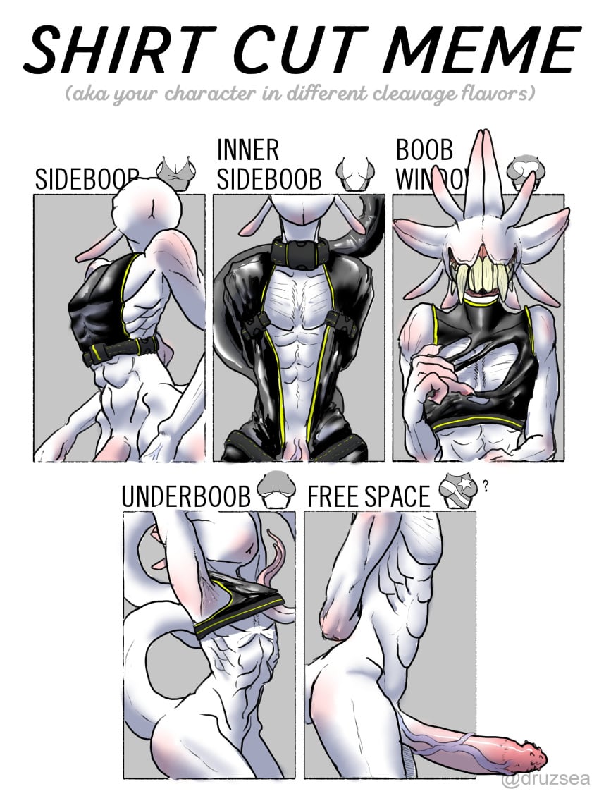 absurd_res bottomless clothed clothing eyeless genitals hi_res humanoid ishmael_(core34) leather leather_clothing looking_at_viewer male meme monster non-human non-human_only nude penis shirt_cut_meme skinny solo solo_focus tail teeth thecore34 vein veiny_penis white_body