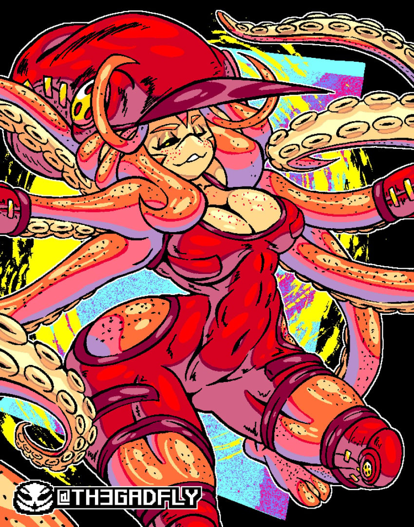 big_breasts cephalopod cephalopod_humanoid clothing cute dog_knight_rpg female female_only freckles hama_(ceehaz) jumpsuit milf octopus_girl octopus_humanoid orange_body tentacle tentacle_hair