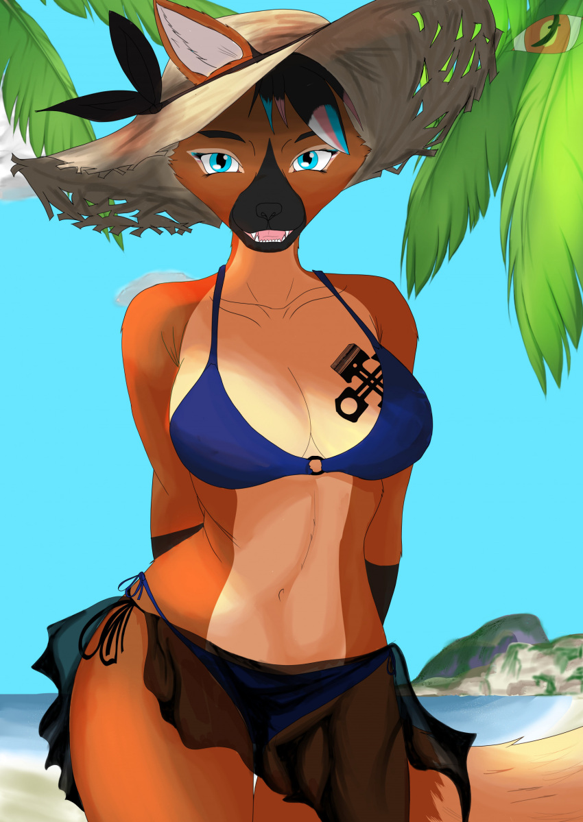 beach bikini blackreaper_bk201 blue_eyes female palm_tree request sand sea smile straw_hat torgue wolf