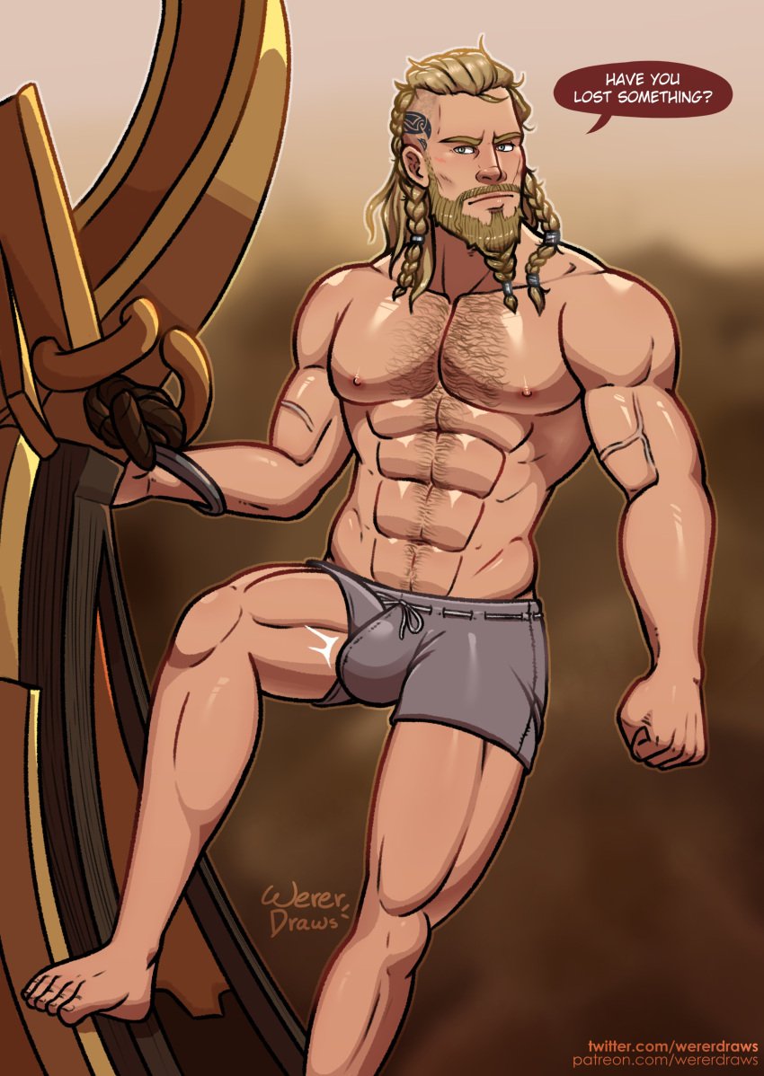 1boy abs artist_name assassin's_creed_(series) bara beard blonde_hair body_hair braided_beard braided_hair bulge eivor_varinsson english_text facial_hair grey_eyes hairy_male human long_hair_male male male_nipples male_only manly mature_male muscles muscular_male mustache no_visible_genitalia patreon_username pecs penis_bulge solo speech_bubble talking_to_viewer twitter_username underwear underwear_only vein viking wererdraws