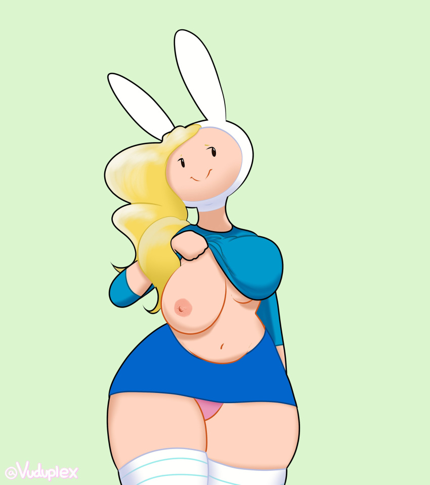 1girls adventure_time big_breasts blonde_hair breasts bunny_ears female female_only fionna_the_human_girl light-skinned_female light_skin navel nipples panties presenting skirt solo solo_female thick_thighs thighhighs thighs vuduplex wide_hips