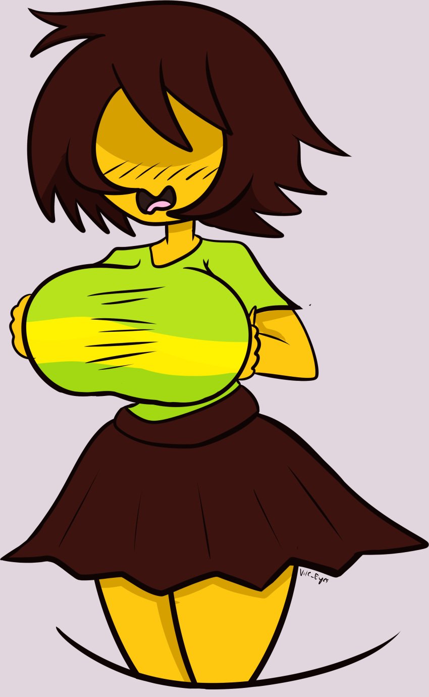 1girls 2023 big_breasts brown_hair covered_eyes deltarune female_only kris_(deltarune) kris_(light_world_form) kris_female_(deltarune) large_breasts short_hair skirt thick_thighs toby_fox undertale_(series) vile_eyes yellow_skin