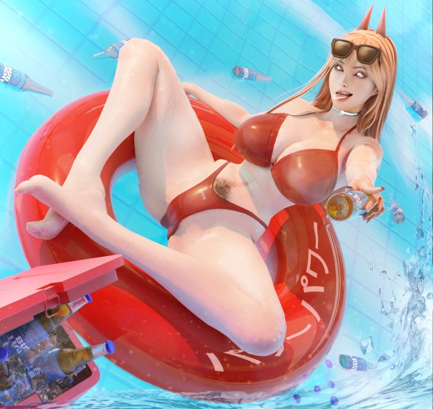 3d 3d_(artwork) bare_midriff barefoot beer beer_bottle big_breasts bikini bottle breasts bud_light busty chainsaw_man collar female female_focus female_only happy_trail hourglass_figure long_fingernails long_hair nail_polish navel pool power_(chainsaw_man) pubes pubic_hair pubic_hair_peek red_hair sekaithereturn sunglasses sunglasses_on_head swimming_pool swimsuit swimwear thong tongue tongue_out wide_hips