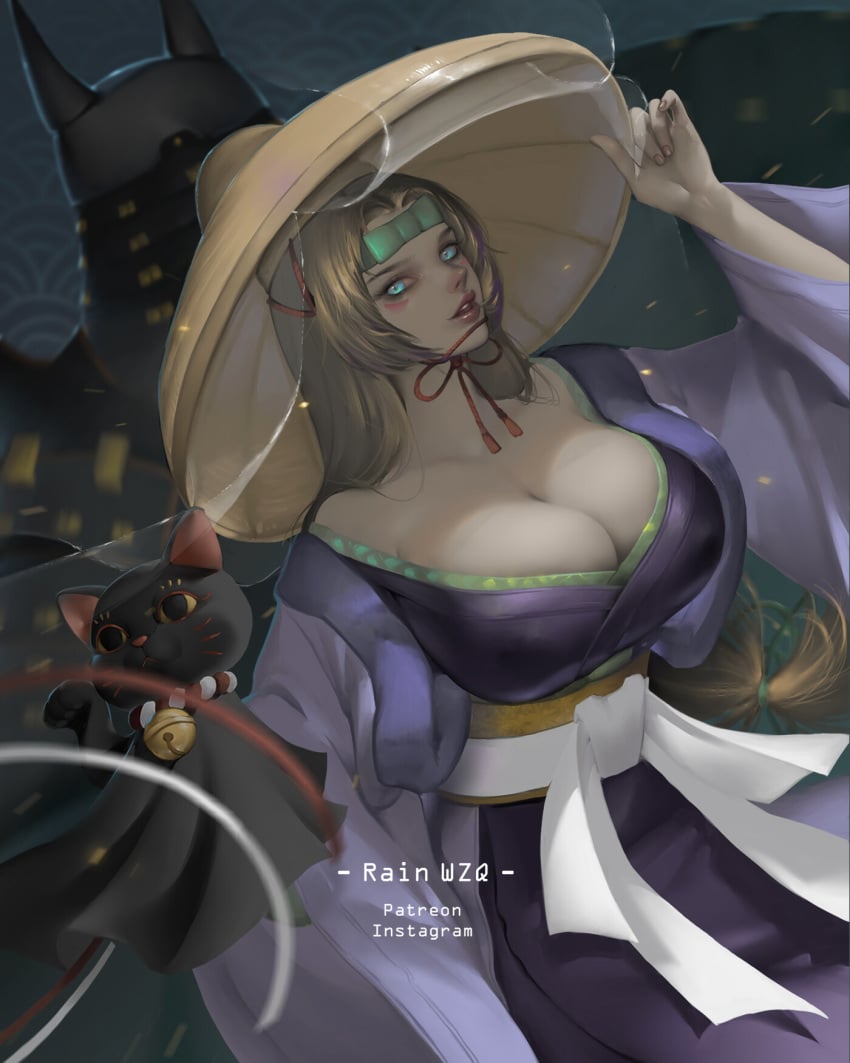 ajirogasa batman:_ninja batman_(series) big_breasts blonde_hair blue_eyes catwoman curvy_female dc dc_comics hand_puppet japanese_clothes kimono long_hair looking_back rainwzq selina_kyle sfw