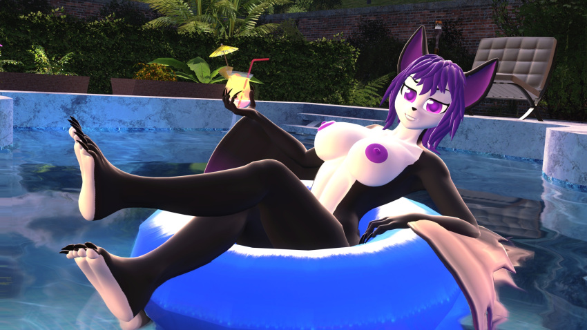 3d anthro bat bat_girl chiropteran claws colored_nipples drink female female_only furry garry's_mod gift_art glass large_breasts nipples nude nude_female oc pool poolside tyrakathedragonfan