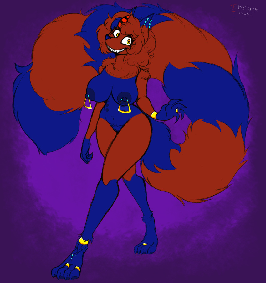 absurd_res alex_mayhem anklet anthro bracelet claws demon digit_ring ear_piercing ear_ring female hi_res horn infernaltanuki jewelry mammal multi_nipple nipple_piercing nipples nude piercing pinup pose procyonid raccoon ring ring_piercing smile solo toe_ring