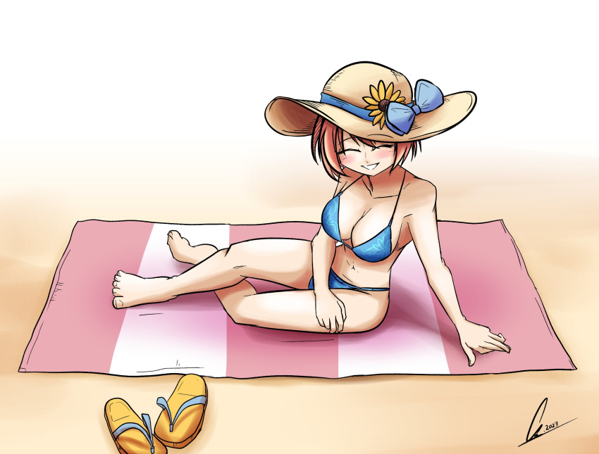 1girls 2023 5_fingers 5_toes artist_signature bare_shoulders beach beach_towel bikini bikini_bottom bikini_top blue_bikini blue_bikini_bottom blue_bikini_top blue_swimwear blush blushing both_eyes_closed breasts cleavage closed_eyes collarbone dated doki_doki_literature_club emeruga eyes_closed female female_focus female_human female_only flip_flops flower flower_in_hat flower_on_hat hat headwear human human_female human_focus human_only just_sayori only_female sand sandals sayori_(doki_doki_literature_club) shoes signature solo solo_female solo_focus strawberry_blonde_hair sun_hat sunflower sunhat swimwear towel year_of_the_rooster