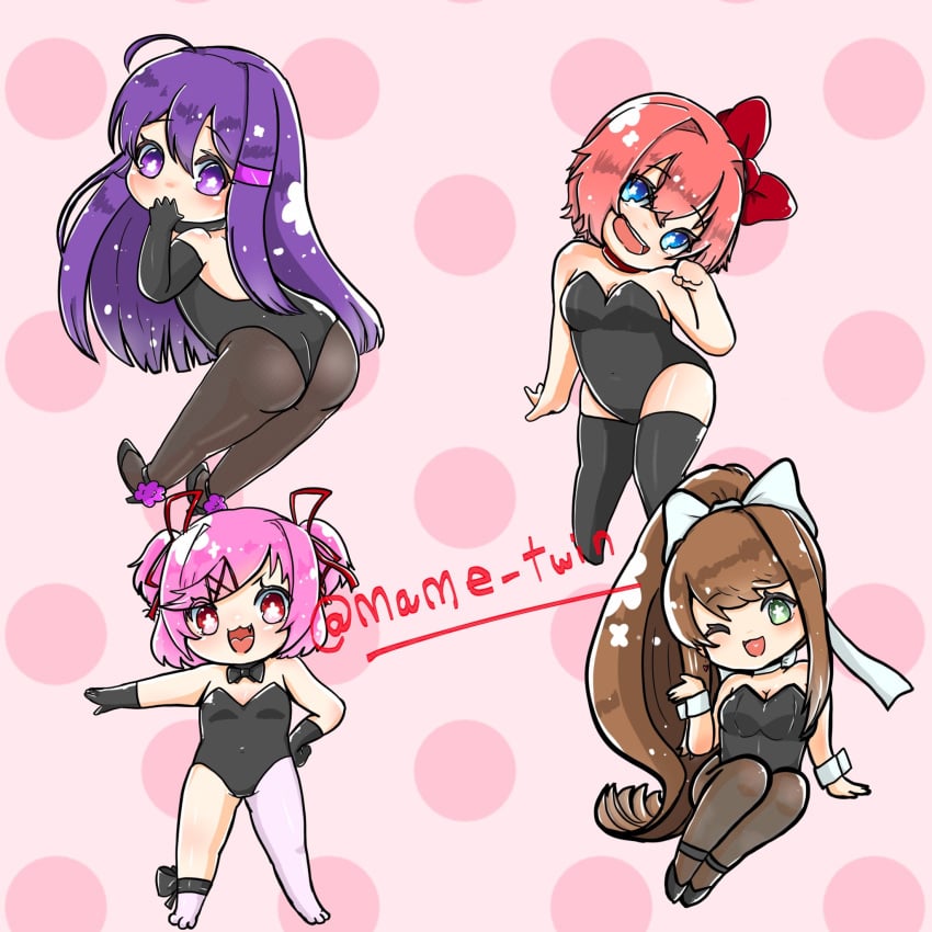 4girls 5_fingers artist_name ass back black_bow black_bowtie black_gloves black_heels black_shoes blue_eyes bow bowtie bunny_suit bunnysuit butt chibi clothed clothes clothing collar covering_mouth doki_doki_literature_club female female_human female_only gloves green_eyes hair_bow hair_intakes hairbow heels hindquarters human human_female human_only long_hair mame_twin monika_(doki_doki_literature_club) mouth_cover mouth_open multiple_females multiple_girls natsuki_(doki_doki_literature_club) one_eye_closed only_female open_mouth pink_background pink_hair polka_dot polka_dot_background polka_dots presenting presenting_ass presenting_butt presenting_hindquarters purple_eyes purple_hair red_bow red_eyes red_hair_bow red_hairbow sayori_(doki_doki_literature_club) shiny shiny_skin shiny_thighs shoes star_eyes starry_eyes stars_in_eyes strawberry_blonde_hair thigh_highs thighhighs thighs tilted_head tilting_head tongue twitter_username wink winking winking_at_viewer yuri_(doki_doki_literature_club)