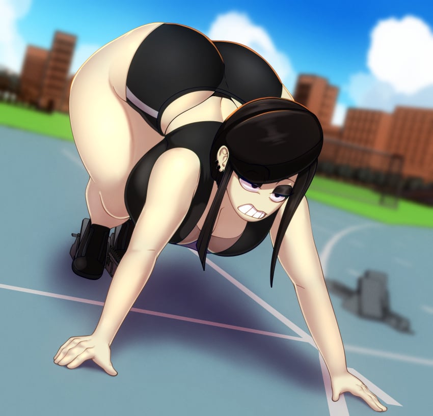 1girls ass bent_over big_ass big_breasts black_hair breasts bubble_butt busty crop_top ear_piercing fat_ass female female_only goth goth_girl huge_ass huge_breasts large_ass large_breasts n-kosi n-kosi_(coloring) piercing running_track shoes shorts solo starting_block thick_ass thick_thighs track_and_field veronica_(saltynoodles) white_skin wide_hips workout_clothes