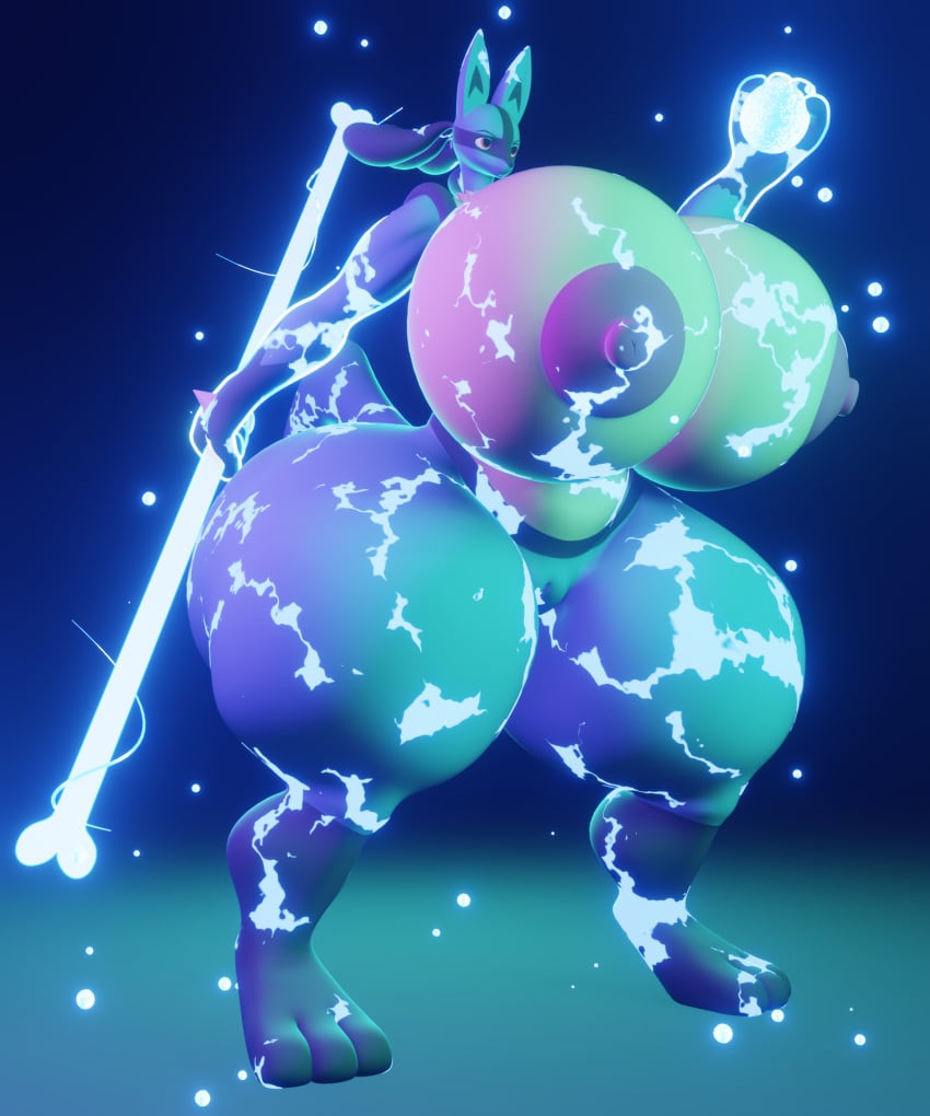 angry_eyes anthro areola ass aura aura_sphere big_breasts big_butt blender_(software) blue_body bone_rush breasts darkdraketom female generation_4_pokemon genitals hi_res holding_object holding_weapon hyper hyper_breasts hyper_thighs lucario nintendo particles plump_labia pokemon pokemon_(species) pussy red_eyes solo thick_thighs weapon