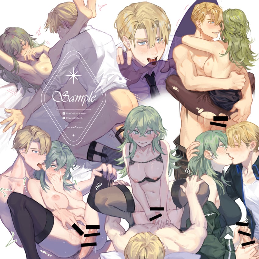 1boy 1girls bare_thighs big_breasts blonde_hair blue_eyes bra breasts breasts_out byleth_(fire_emblem) byleth_(fire_emblem)_(female) censored closed_eyes cowgirl_position cunnilingus dimitri_alexandre_blaiddyd female fingering fingering_partner fire_emblem fire_emblem:_three_houses garter_belt green_eyes green_hair gri handjob heart-shaped_pupils large_breasts male medium_hair motion_lines nintendo nipples nude nude_female one_eye_closed pantyhose sex short_hair smile spread_legs squatting stand_and_carry_position standing standing_sex straddling tachi_(tachibana) thighhighs thighs torn_clothes underwear vaginal_penetration