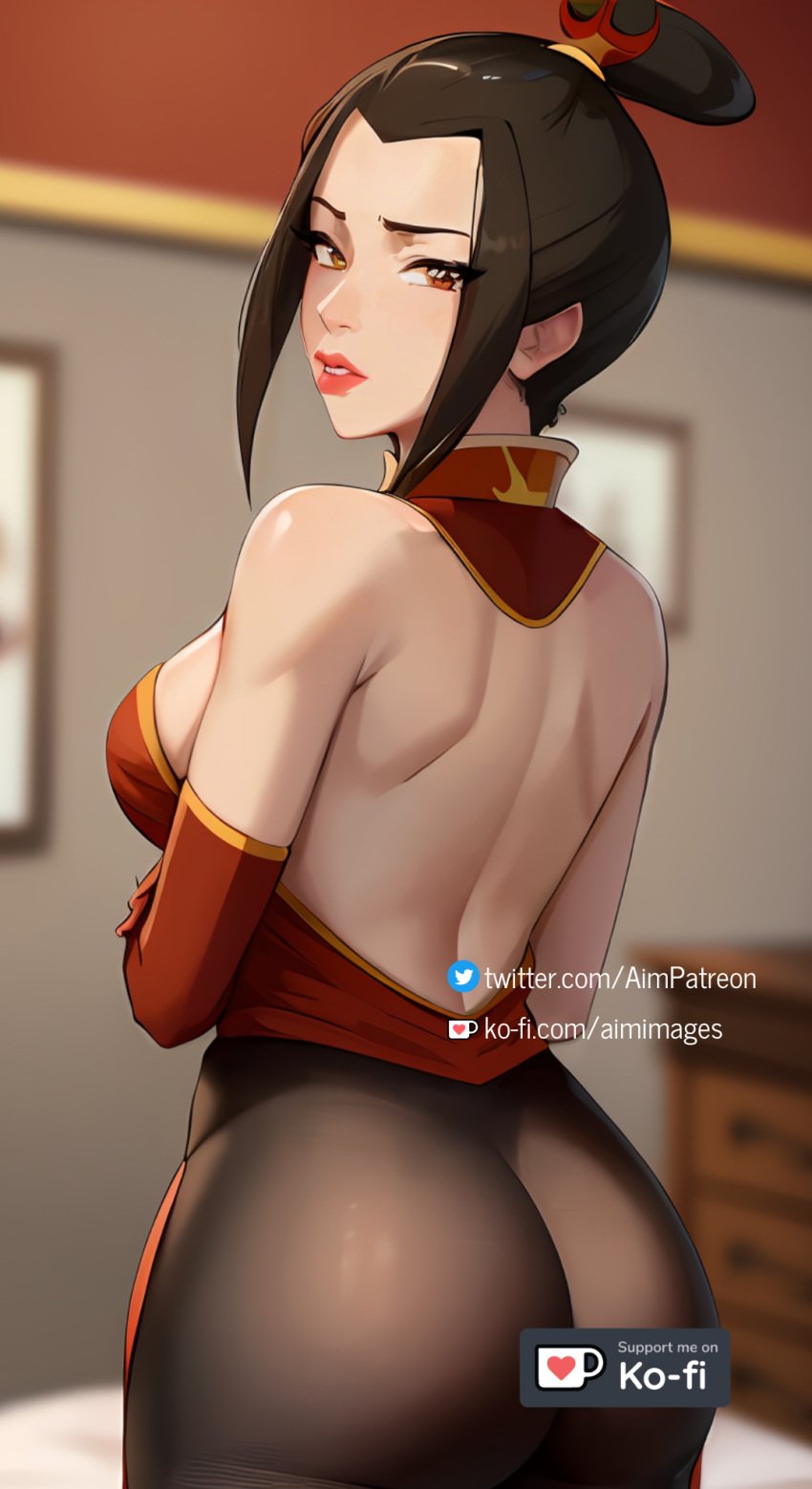 1girls ai_generated aim_patreon ass avatar_legends avatar_the_last_airbender azula back bare_shoulders blurry blurry_background blurry_foreground breasts brown_eyes depth_of_field female fire_nation from_behind hair_ornament large_breasts looking_at_viewer looking_back parted_lips patreon_username solo