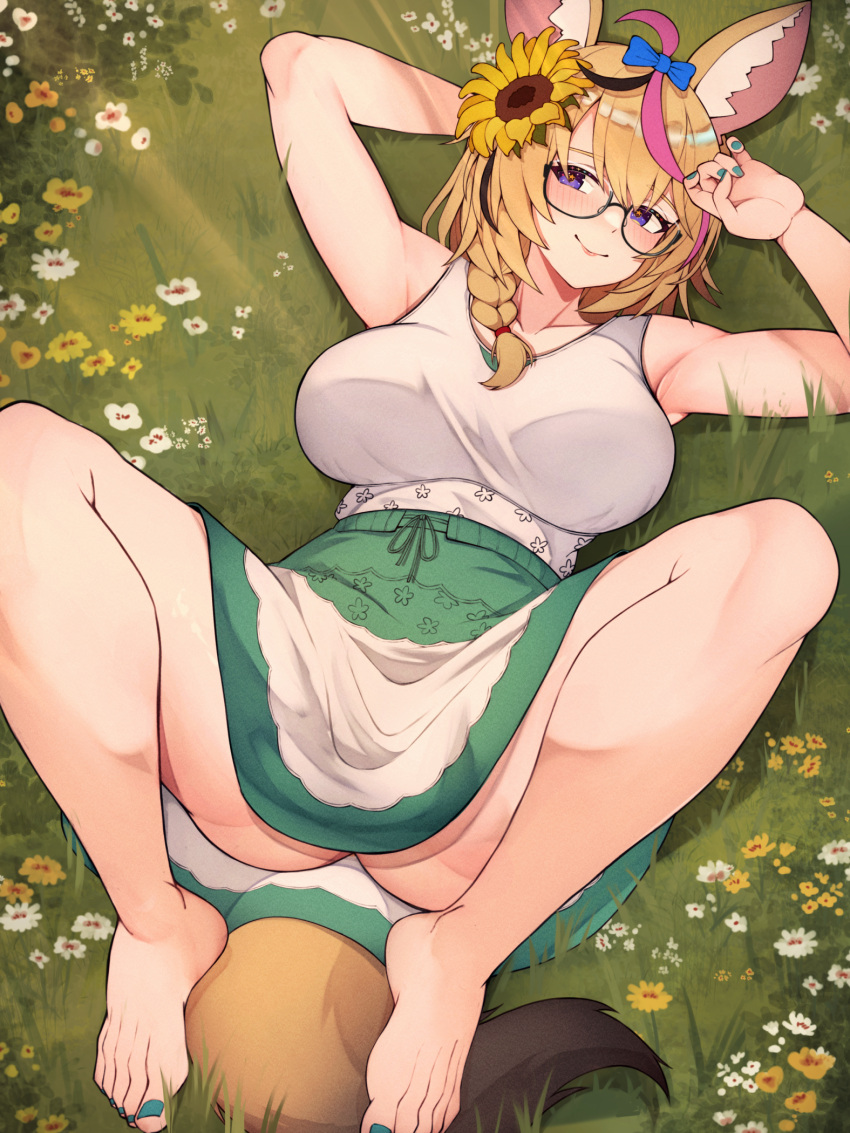 1girls animal_ears armpits breasts closed_mouth dress feet from_above glasses hololive hololive_gen_5 hololive_japan large_breasts legs_apart meadow naughty_face omaru_polka on_back painted_nails painted_toenails smile solo thick_thighs toes varniskarnis virtual_youtuber