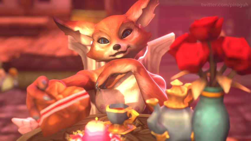 16:9 1girls 3d anthro anthro_only blender blue_eyes cute date female female_only fox girlfriend nipples piroguh sitting small_breasts solo solo_female tavern tea valentine's_day vulpera warcraft world_of_warcraft yellow_fur