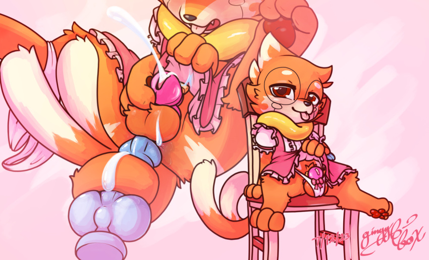 animal_dildo animal_sex_toy balls bodily_fluids buizel canine_dildo chastity_cage chastity_device clothed clothing clothing_lift crumb_(buizel) cum cum_on_balls dildo dildo_pull_out dress dress_lift generation_4_pokemon genital_fluids genitals gingy_k_fox maid_uniform male masturbation nintendo no_humans orgasm panties pokemon pokemon_(species) sex_toy solo underwear uniform