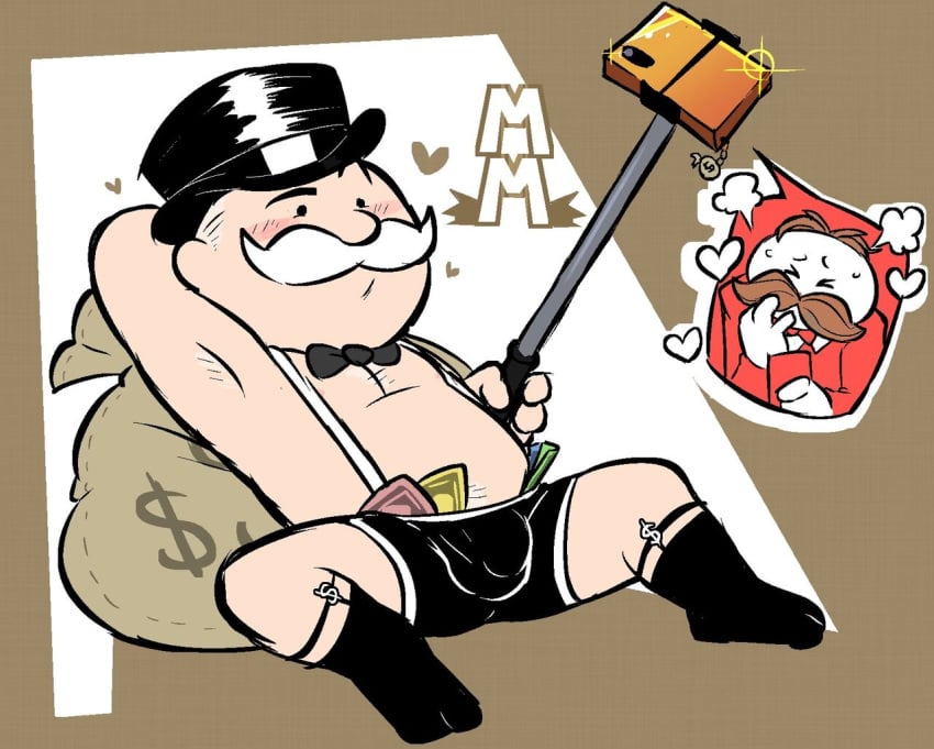 bald_man black_underwear bowtie brown_hair bulge embarrassed gay gilf hasbro julius_pringles male_only money_bag money_in_underwear monopoly moustache naughtybassard old_man pringles rich rich_uncle_pennybags selfie_stick showing_off simple_background slightly_chubby socks teasing toony torquewintress white_beard