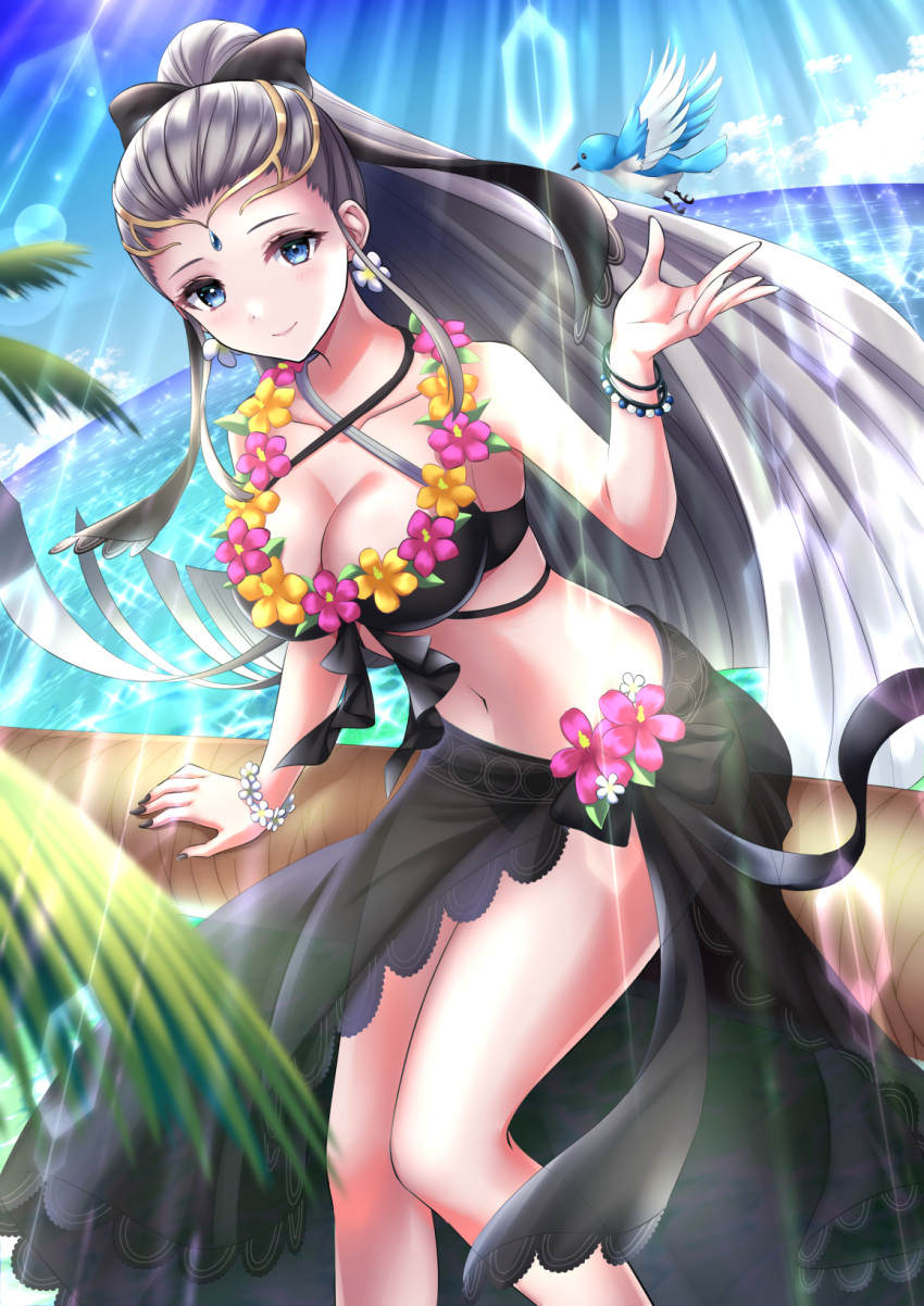 1girls alternate_costume beach bikini bird black_bikini black_nails black_swimsuit blue_bird blue_eyes breasts circlet eir_(fire_emblem) eir_(summer)_(fire_emblem) female female female_only fire_emblem fire_emblem_heroes grey_hair high_ponytail highres kakiko210 large_breasts looking_at_viewer nail_polish nintendo ocean official_alternate_costume palm_tree smile swimsuit tree