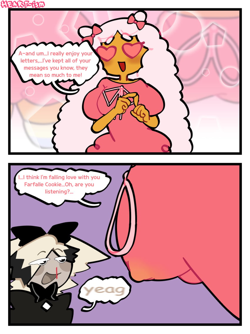 artist_name blush blushing breasts comic confession cookie_run cookie_run_ovenbreak cotton_candy_cookie dialogue digital_drawing_(artwork) digital_media_(artwork) english english_text farfalle_cookie fluffy_hair goth heart_eyes looking_at_breasts looking_at_partner nipple_bulge nipples nipples_visible_through_clothing nosebleed ribbon ribbons smile smiling speech_bubble tagme text text_bubble yuri