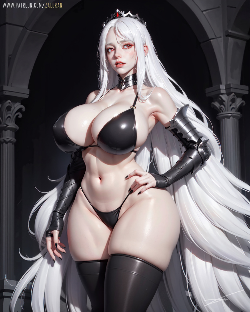 1girls ai_generated big_ass big_breasts big_butt boob_window crown dark_clothing fully_clothed light-skinned_female light_skin looking_at_viewer looking_pleasured red_eyes thick thick_ass thick_legs thick_thighs thighhighs white_hair wide_hips zaloran